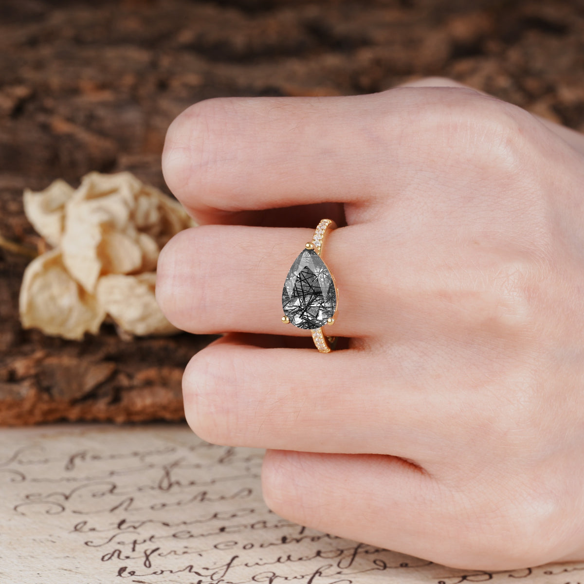 Classic, Unique, and Luxurious 3-Prong Pear Cut Black Rutilated Quartz Engagement Ring - Additional view
