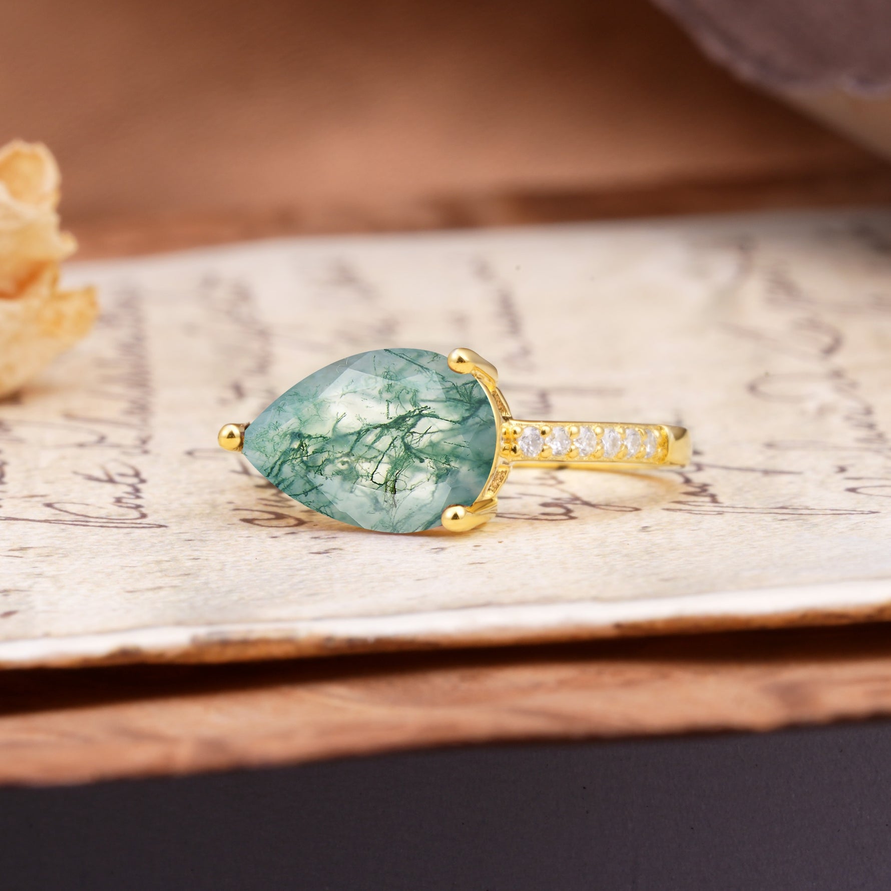 Classic, Unique, and Luxurious 3-Prong Pear Cut Moss Agate Engagement Ring - Additional view