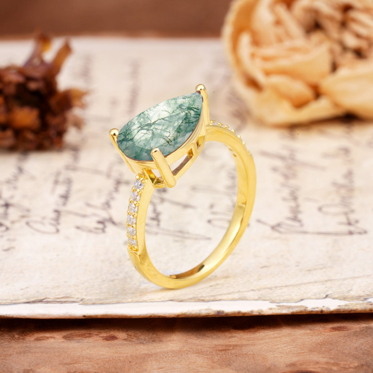 Classic, Unique, and Luxurious 3-Prong Pear Cut Moss Agate Engagement Ring - Additional view