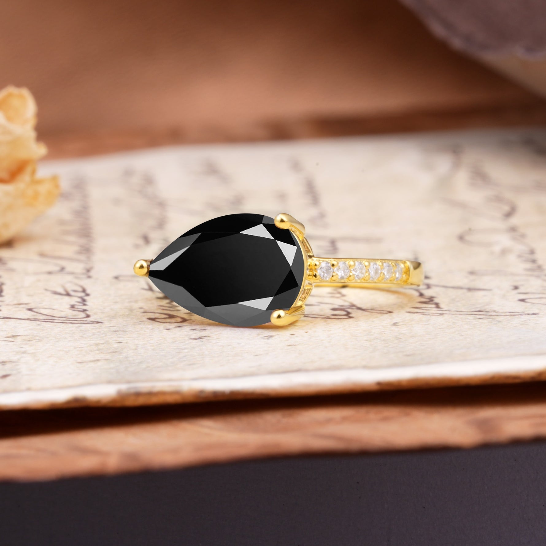 Classic, Unique, and Luxurious 3-Prong Pear Cut Black Onyx Engagement Ring - Additional view
