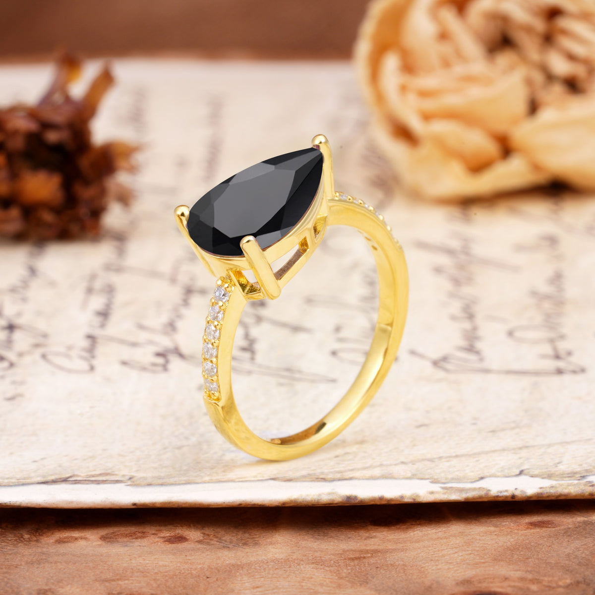 Classic, Unique, and Luxurious 3-Prong Pear Cut Black Onyx Engagement Ring - Additional view