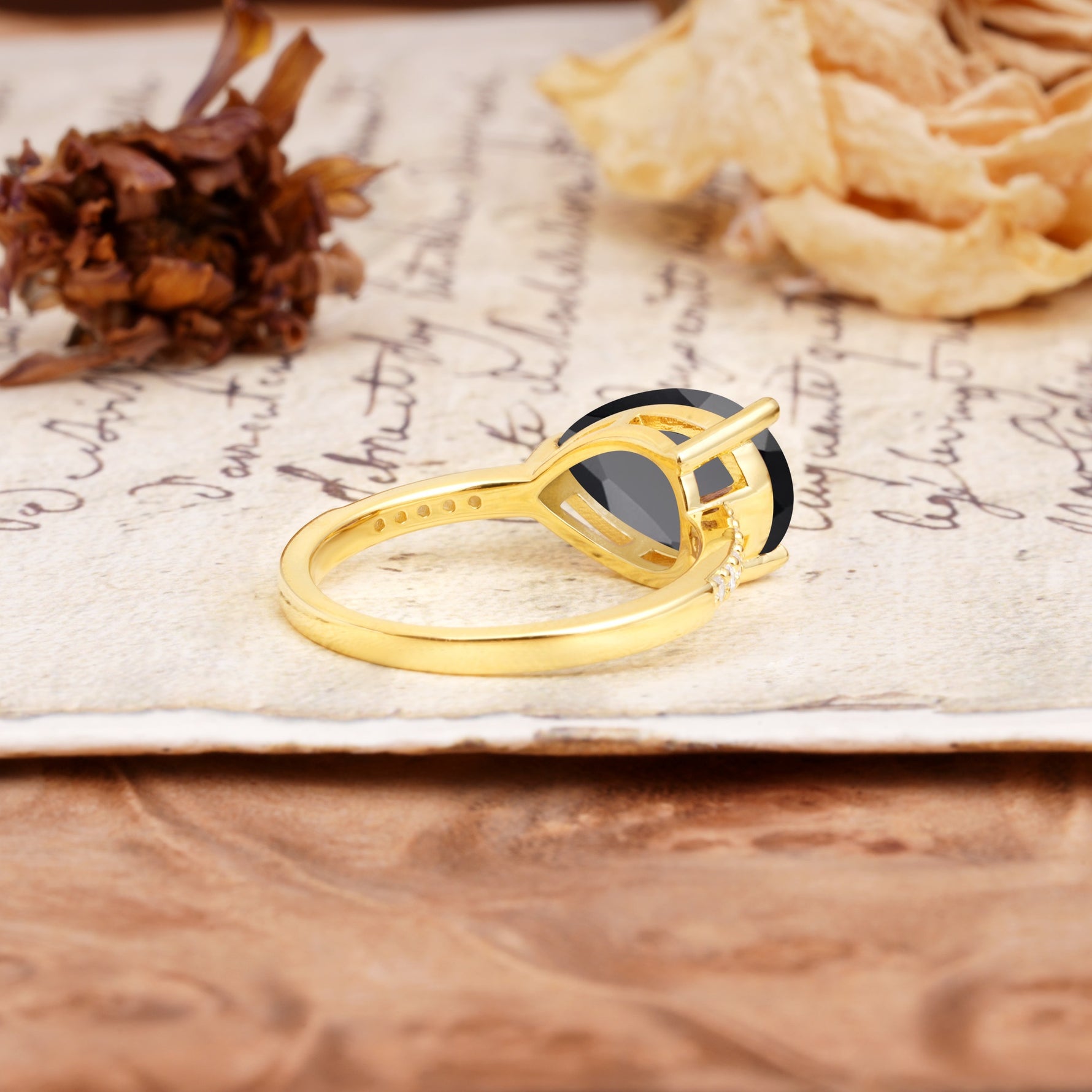 Classic, Unique, and Luxurious 3-Prong Pear Cut Black Onyx Engagement Ring - Additional view