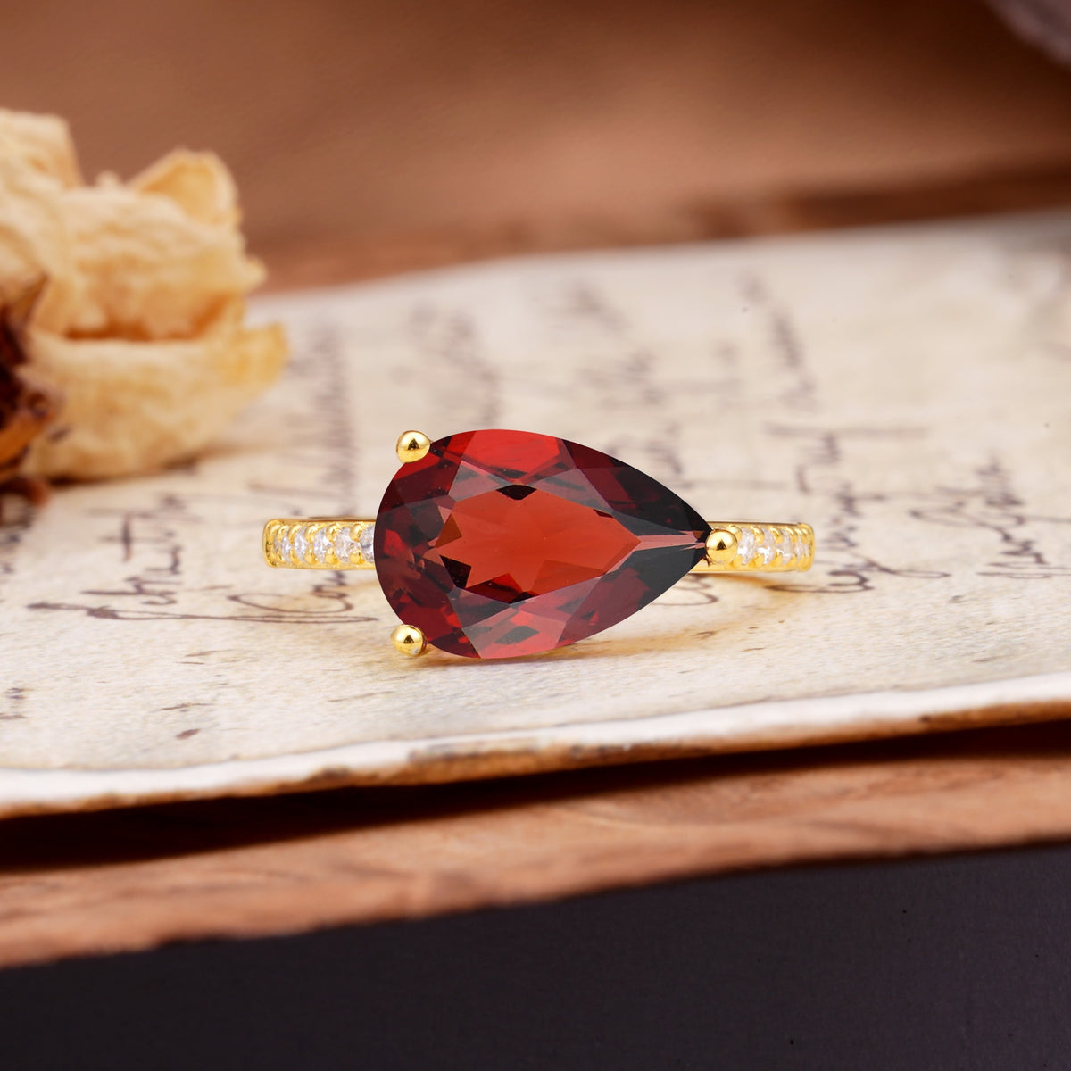 Classic, Unique, and Luxurious 3-Prong Pear Cut Garnet Engagement Ring - Additional view