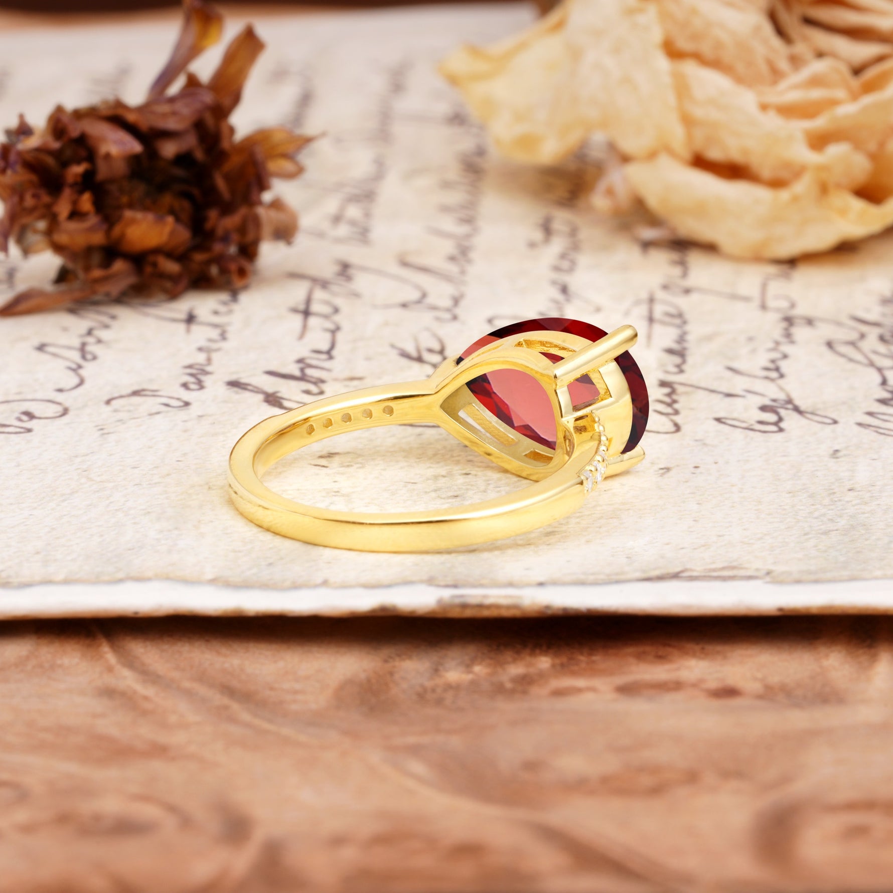 Classic, Unique, and Luxurious 3-Prong Pear Cut Garnet Engagement Ring - Additional view
