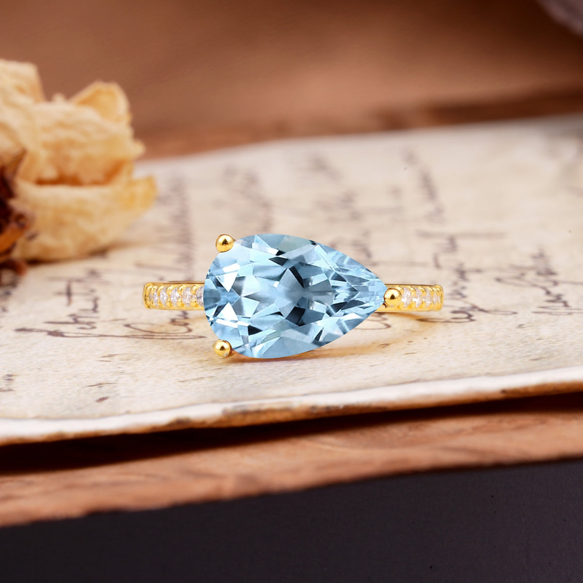 Classic, Unique, and Luxurious 3-Prong Pear Cut Aquamarine Engagement Ring - Additional view