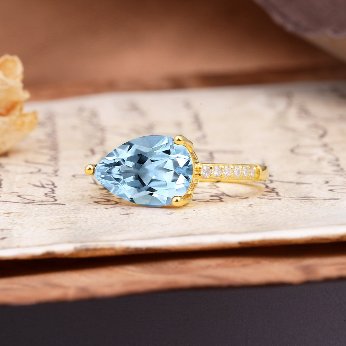 Classic, Unique, and Luxurious 3-Prong Pear Cut Aquamarine Engagement Ring - Additional view