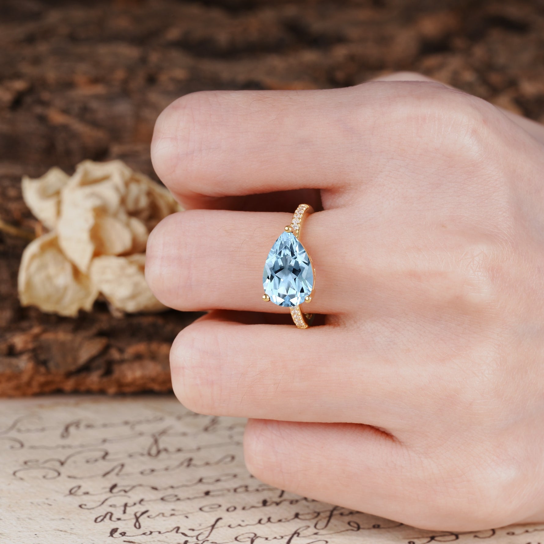 Classic, Unique, and Luxurious 3-Prong Pear Cut Aquamarine Engagement Ring - Additional view