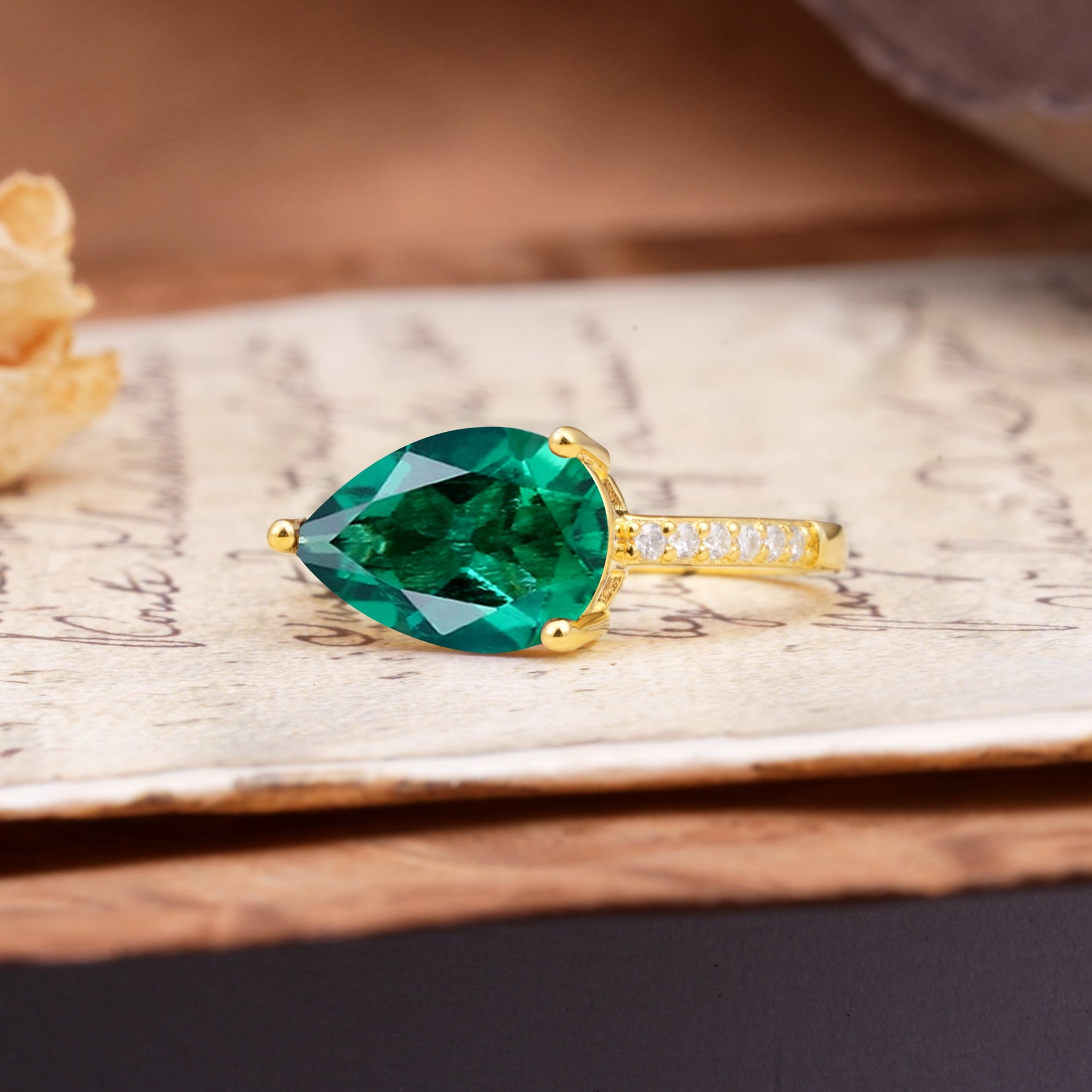 Classic, Unique, and Luxurious 3-Prong Pear Cut Emerald Engagement Ring - Additional view