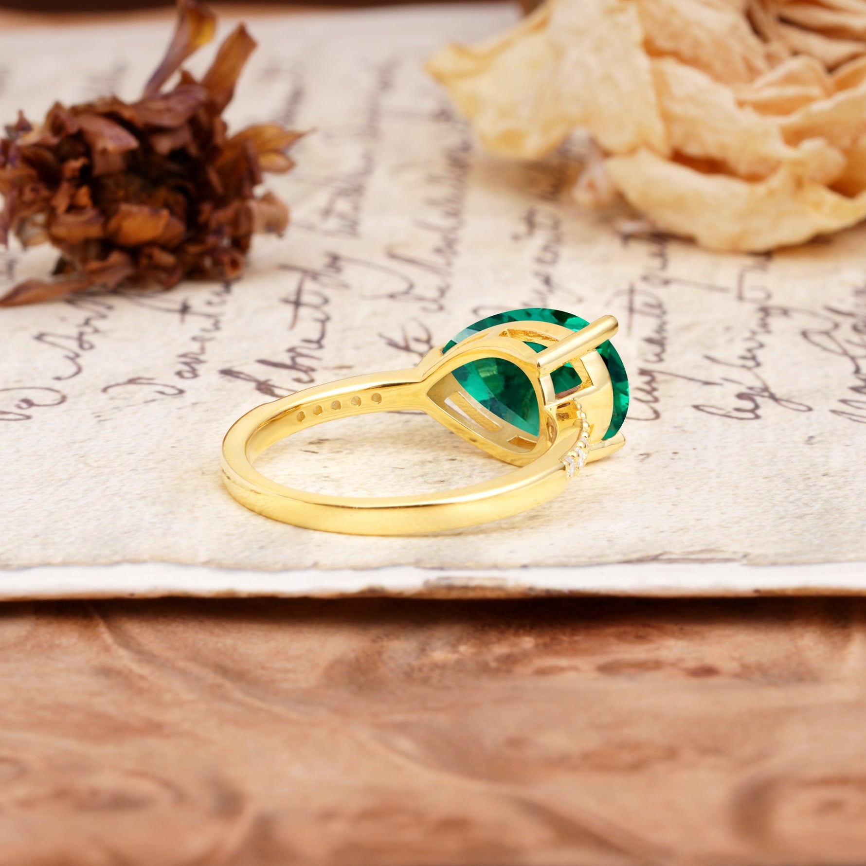 Classic, Unique, and Luxurious 3-Prong Pear Cut Emerald Engagement Ring - Additional view