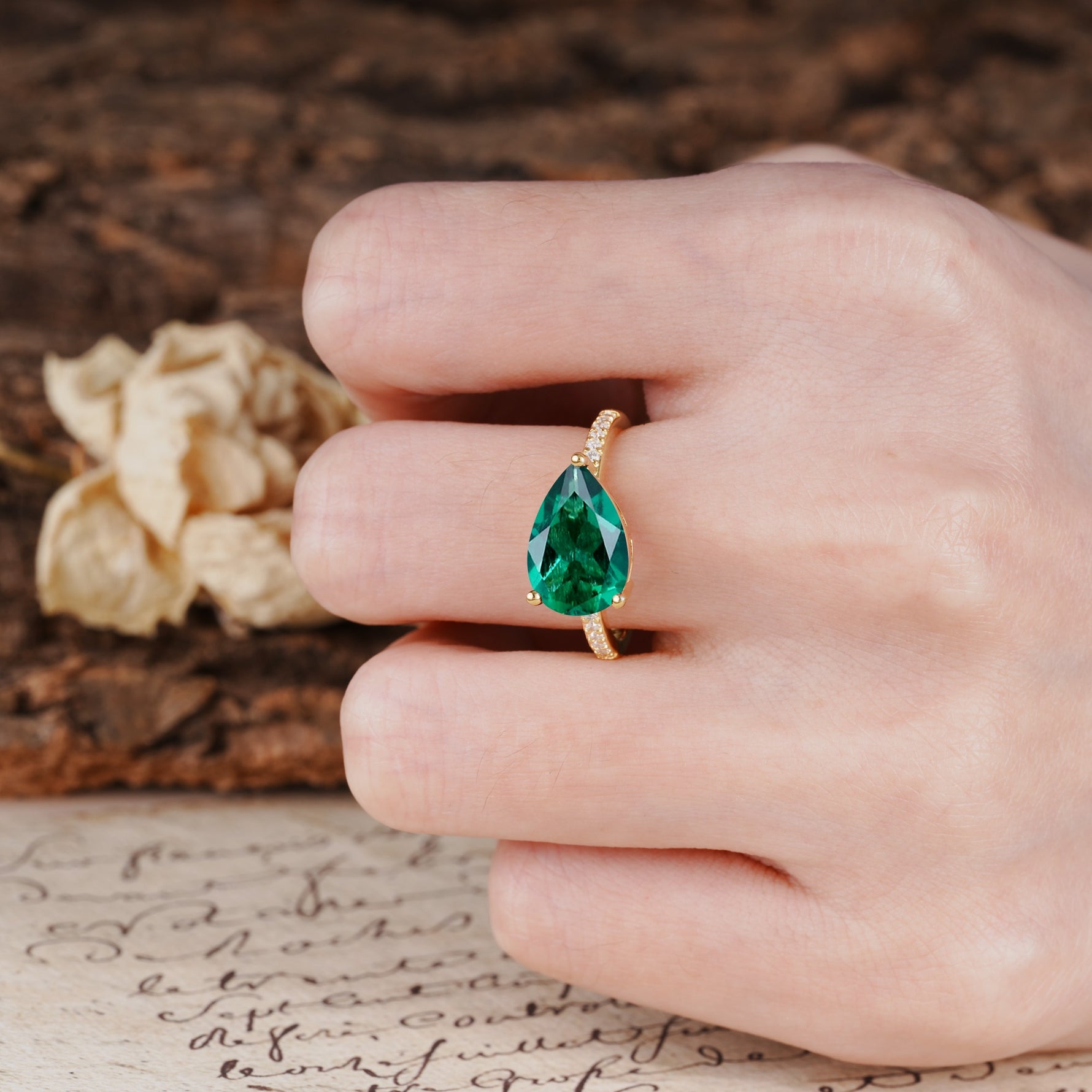 Classic, Unique, and Luxurious 3-Prong Pear Cut Emerald Engagement Ring - Additional view