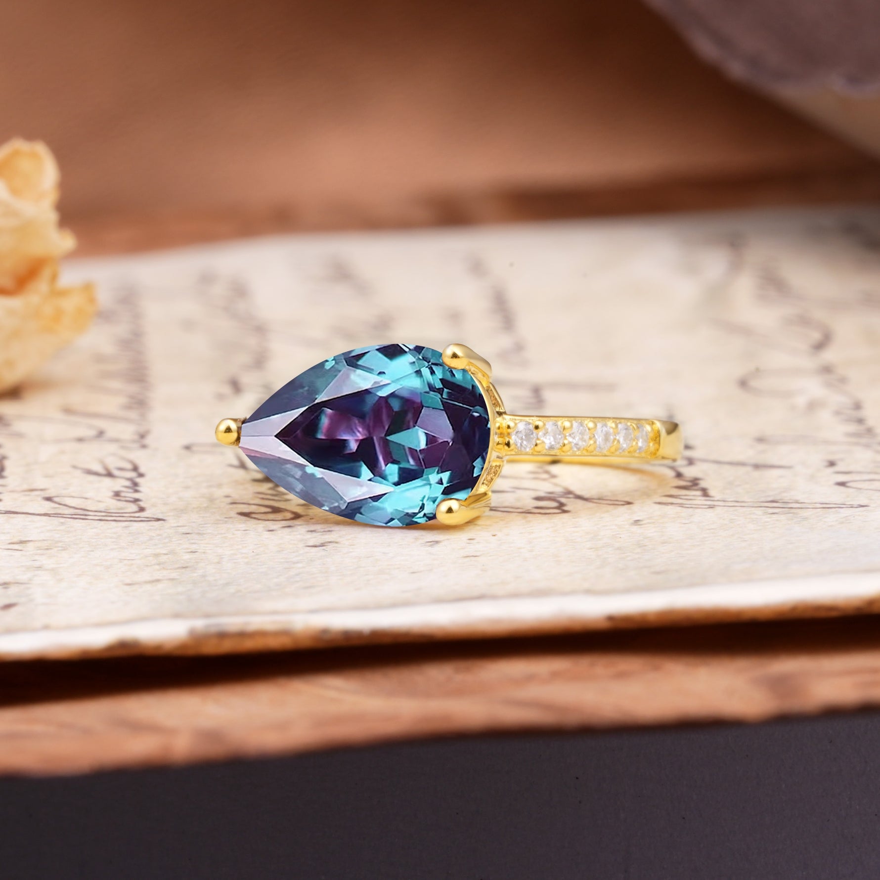 Classic, Unique, and Luxurious 3-Prong Pear Cut Alexandrite Engagement Ring - Additional view