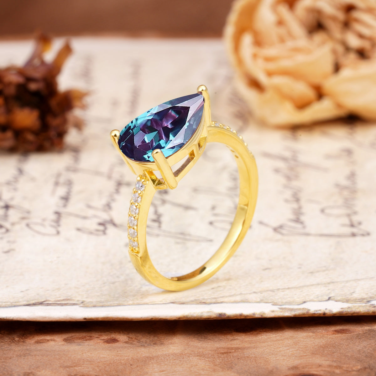 Classic, Unique, and Luxurious 3-Prong Pear Cut Alexandrite Engagement Ring - Additional view