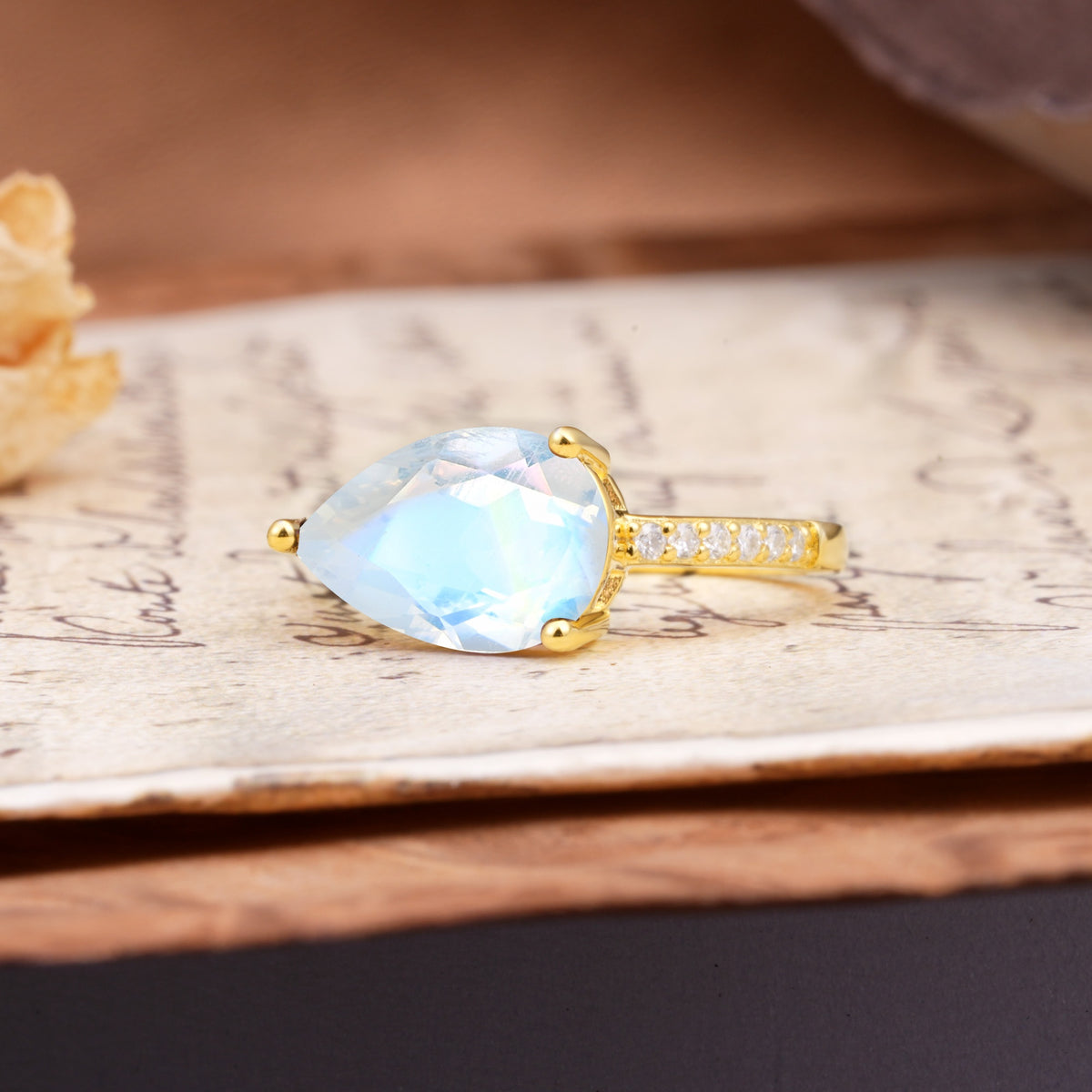 Classic, Unique, and Luxurious 3-Prong Pear Cut Moonstone Engagement Ring - Additional view