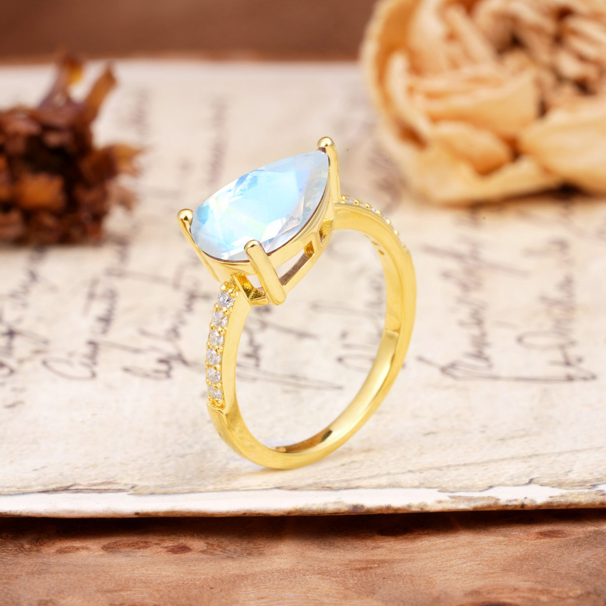 Classic, Unique, and Luxurious 3-Prong Pear Cut Moonstone Engagement Ring - Additional view