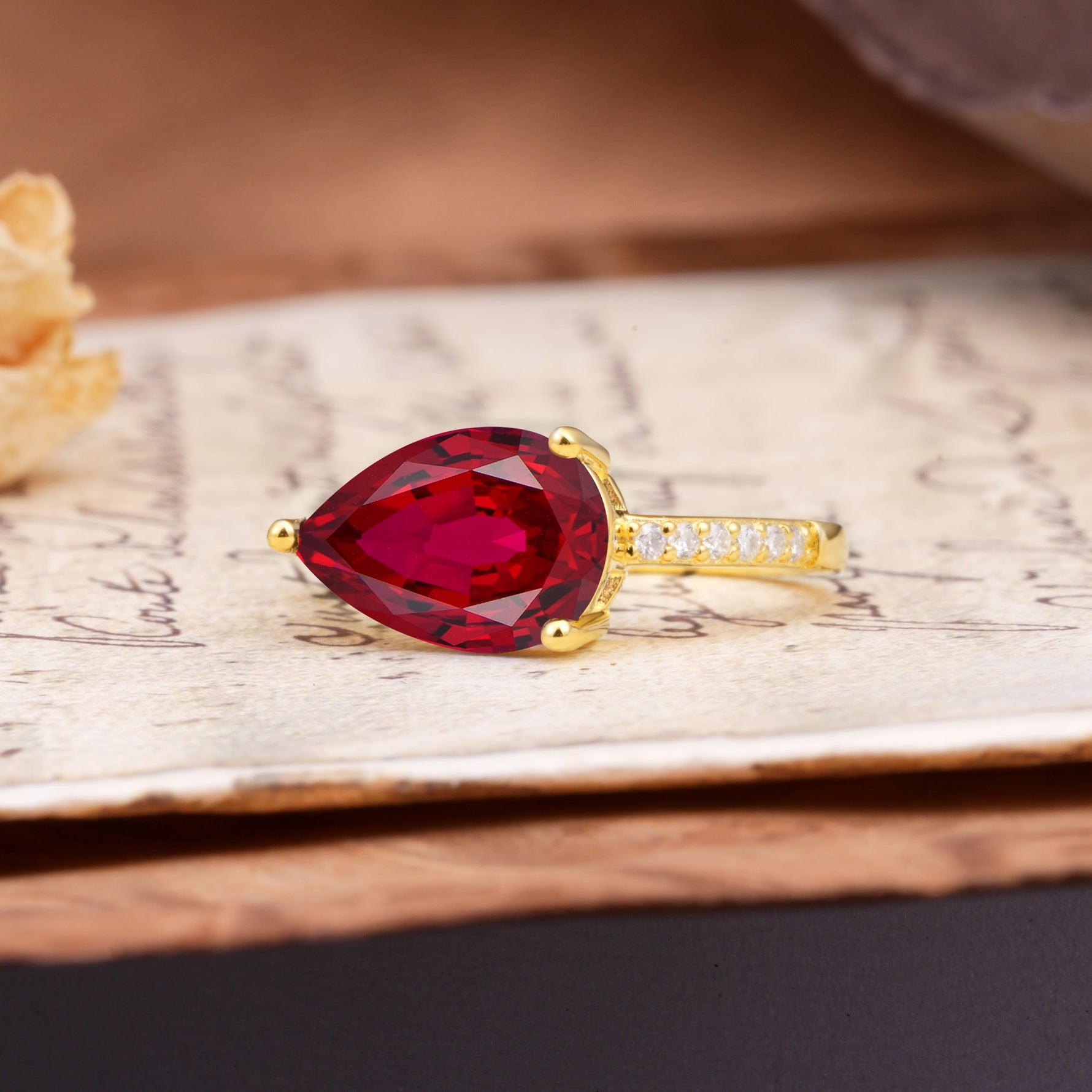 Classic, Unique, and Luxurious 3-Prong Pear Cut Ruby Engagement Ring - Additional view