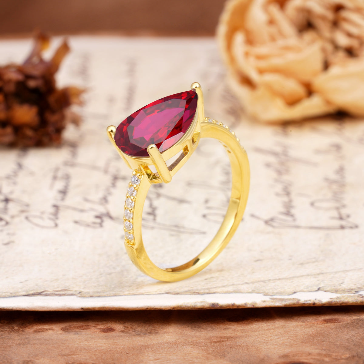 Classic, Unique, and Luxurious 3-Prong Pear Cut Ruby Engagement Ring - Additional view