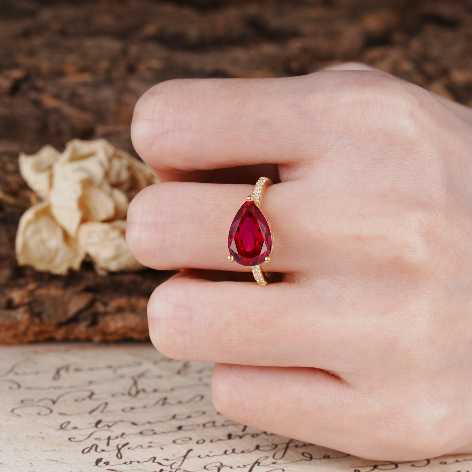Classic, Unique, and Luxurious 3-Prong Pear Cut Ruby Engagement Ring - Additional view