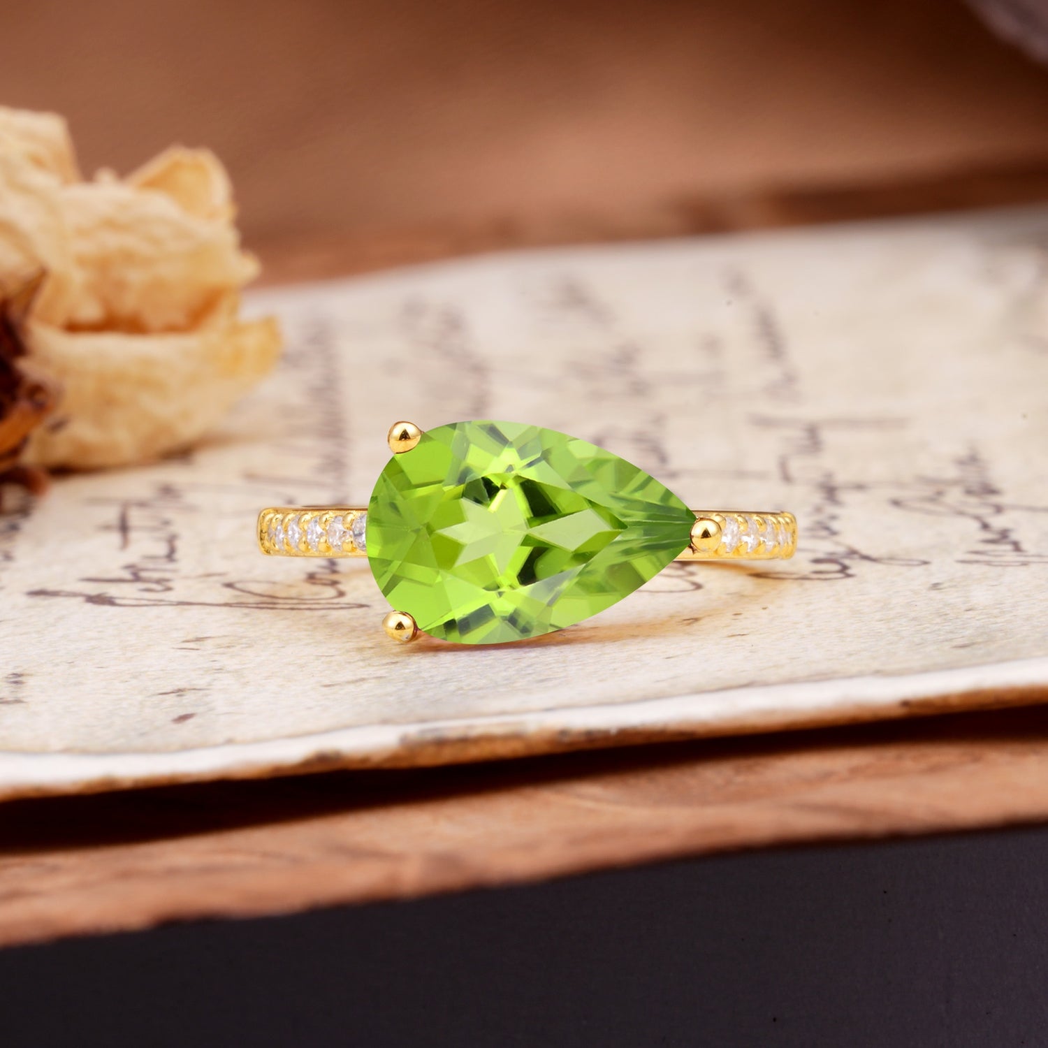 Classic, Unique, and Luxurious 3-Prong Pear Cut Peridot Engagement Ring - Additional view
