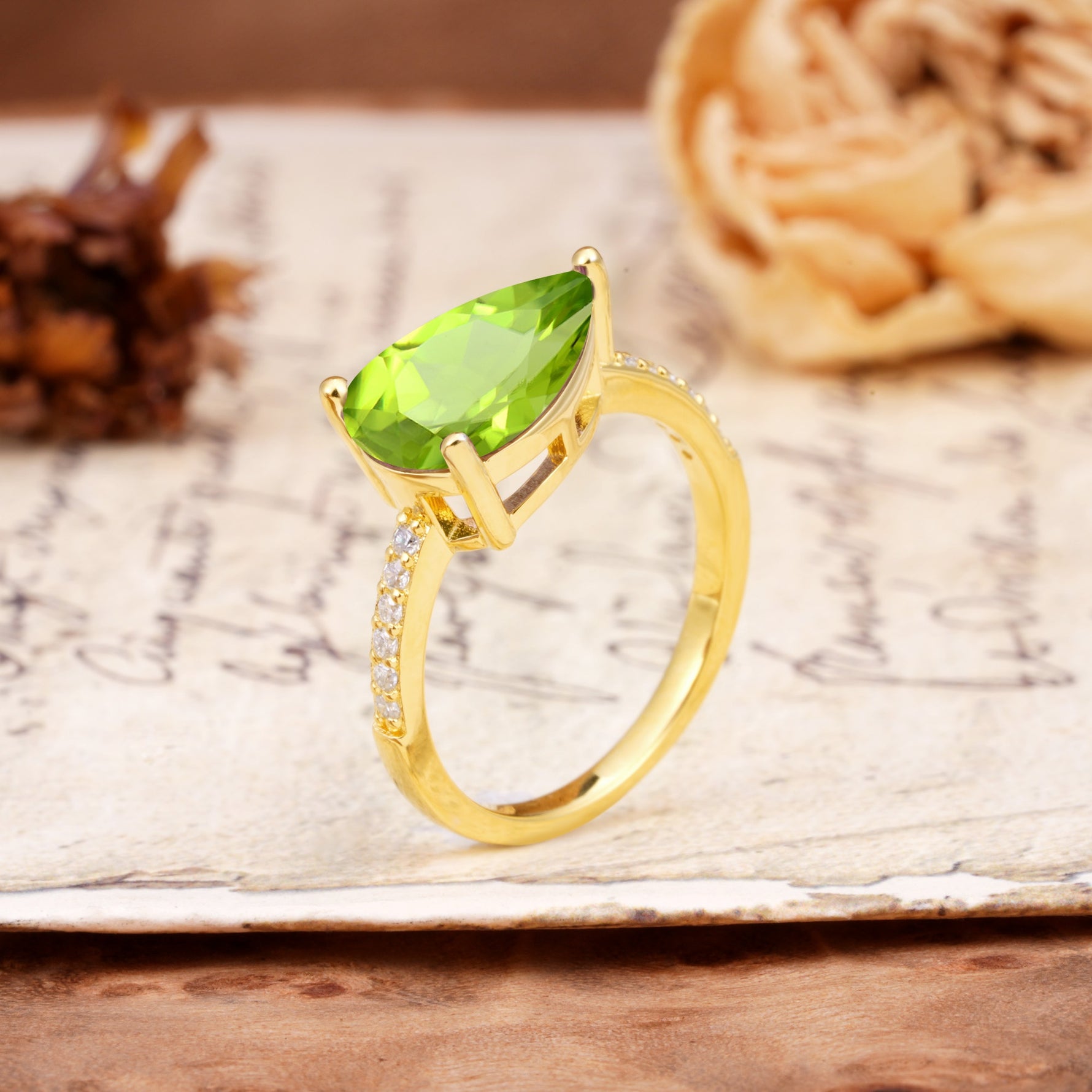 Classic, Unique, and Luxurious 3-Prong Pear Cut Peridot Engagement Ring - Additional view