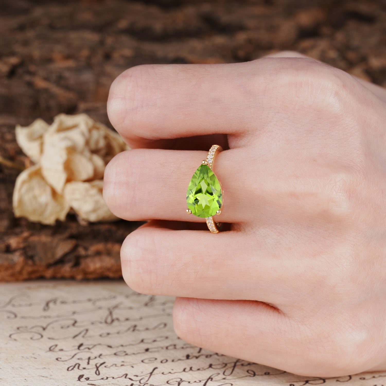 Classic, Unique, and Luxurious 3-Prong Pear Cut Peridot Engagement Ring - Additional view