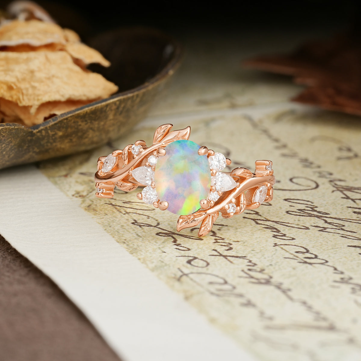 Nature-Inspired Unique Aphrodite's Garden Oval Cut Fire Opal Engagement Ring | RamaSoul - Additional view
