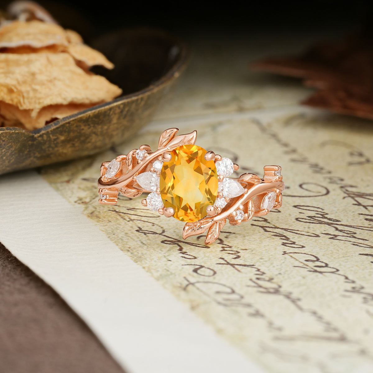 Nature-Inspired Unique Aphrodite's Garden Oval Cut Citrine Engagement Ring | RamaSoul - Additional view