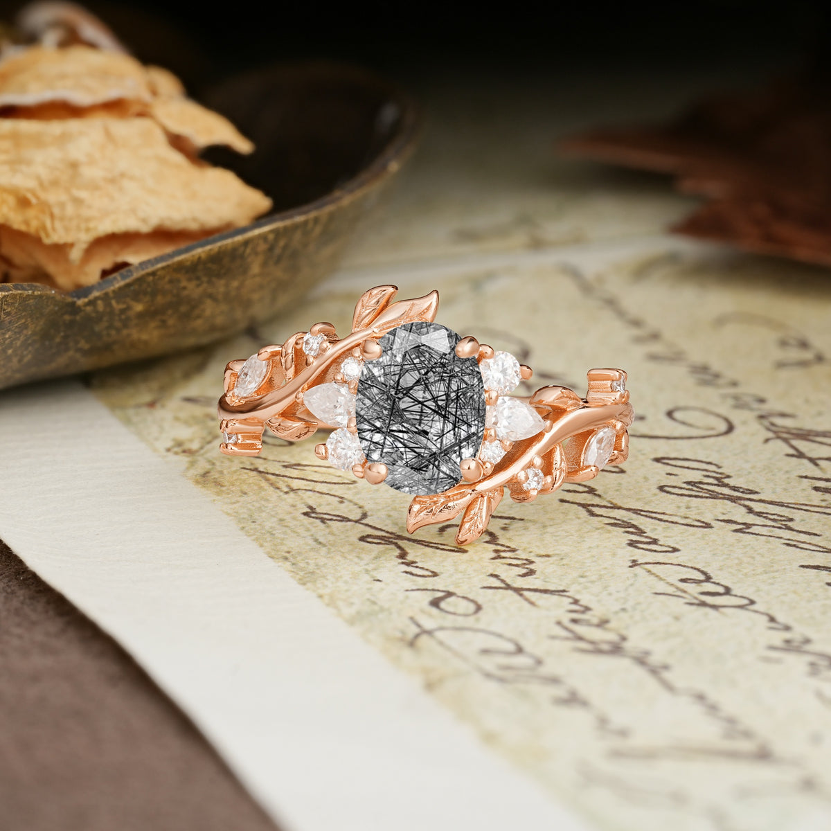 Nature-Inspired Unique Aphrodite's Garden Oval Cut Black Rutilated Quartz Engagement Ring | RamaSoul - Additional view