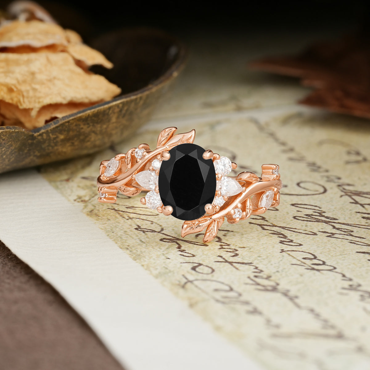 Nature-Inspired Unique Aphrodite's Garden Oval Cut Black Onyx Engagement Ring | RamaSoul - Additional view