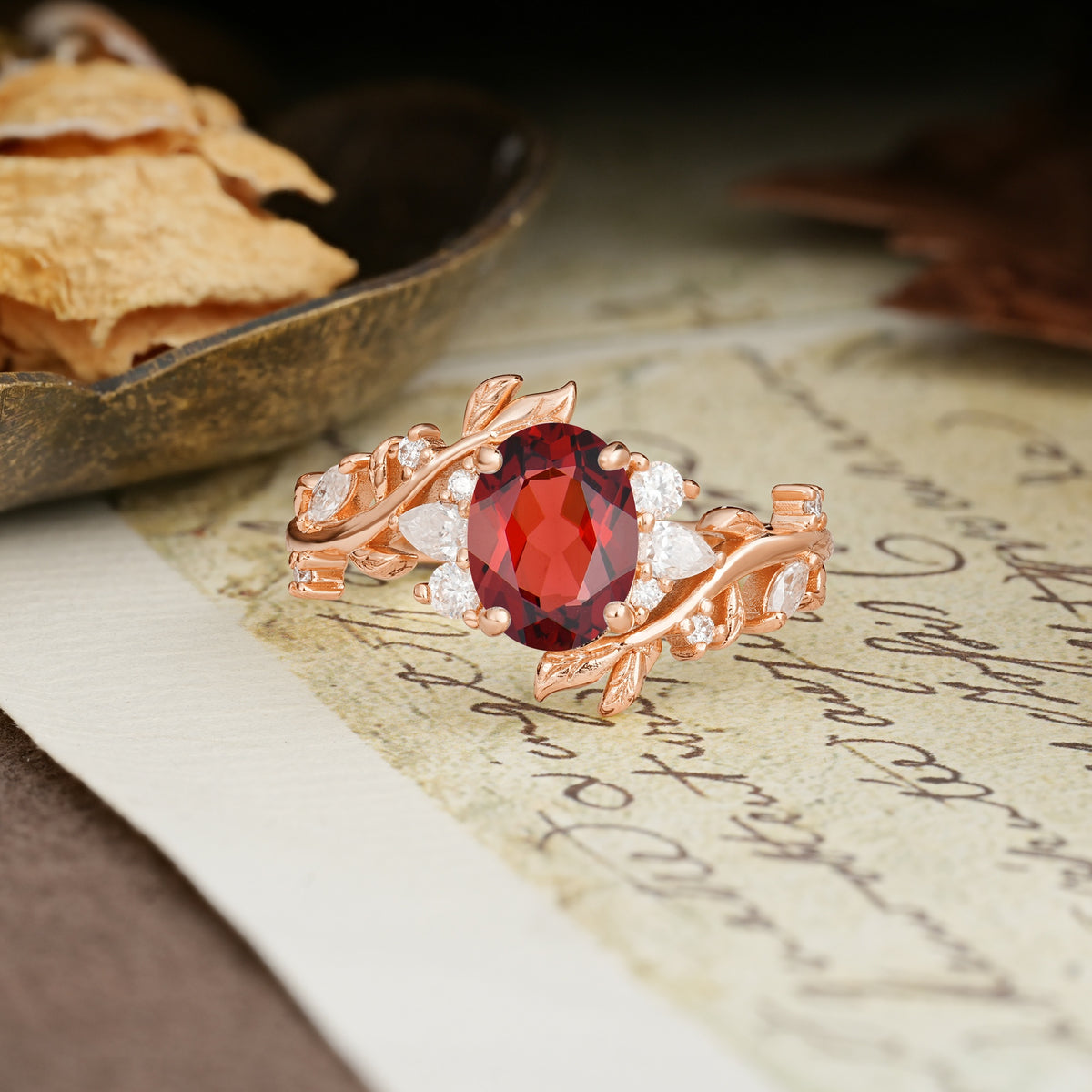 Nature-Inspired Unique Aphrodite's Garden Oval Cut Garnet Engagement Ring | RamaSoul - Additional view
