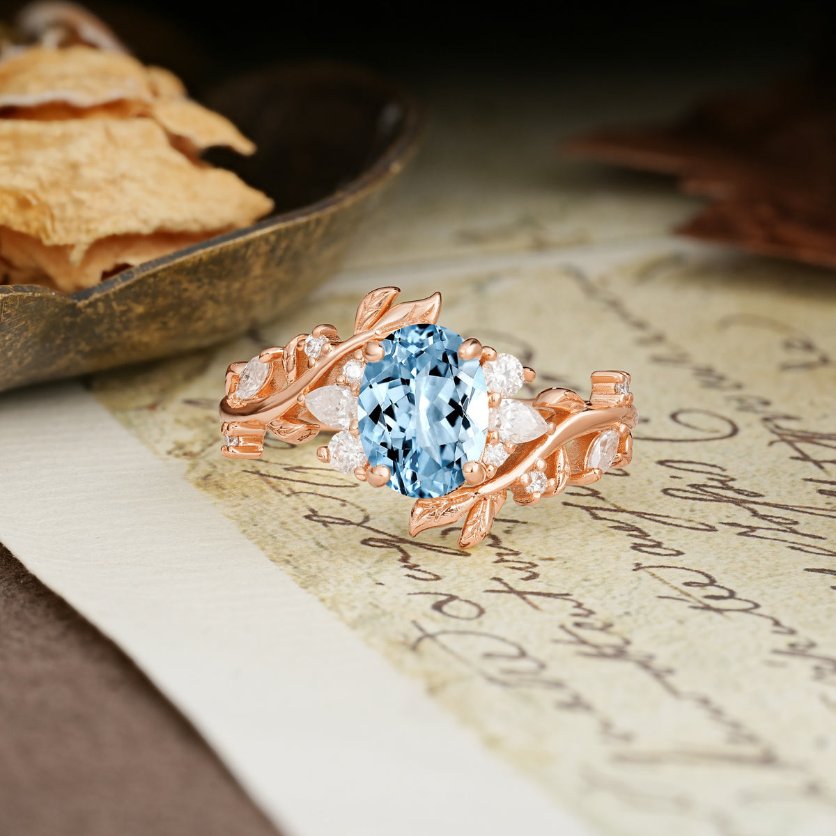 Nature-Inspired Unique Aphrodite's Garden Oval Cut Aquamarine Engagement Ring | RamaSoul - Additional view