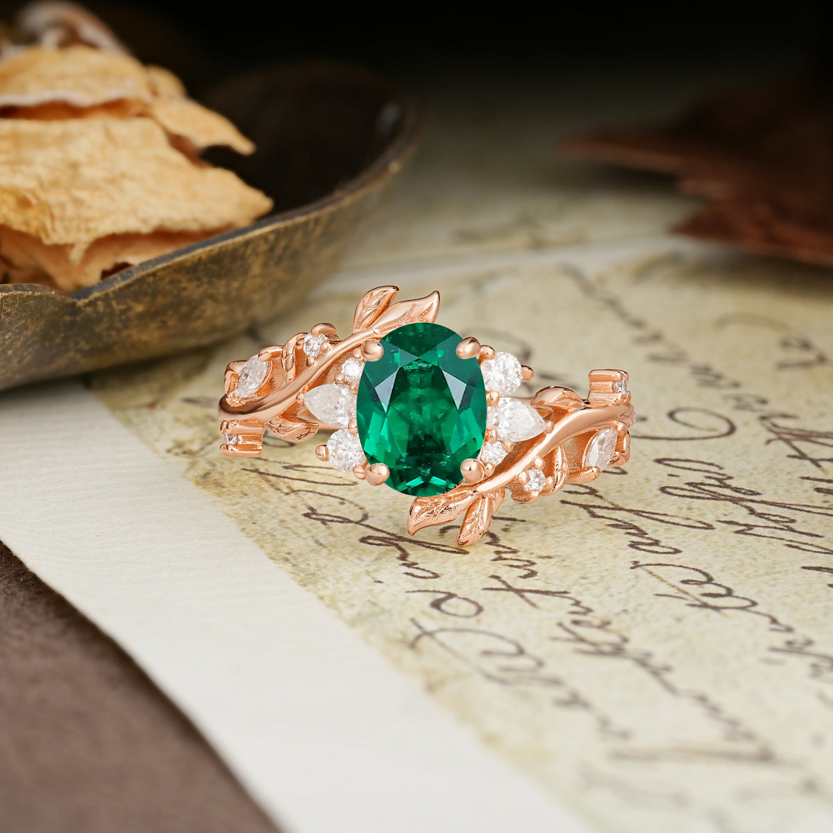 Nature-Inspired Unique Aphrodite's Garden Oval Cut Emerald Engagement Ring | RamaSoul - Additional view