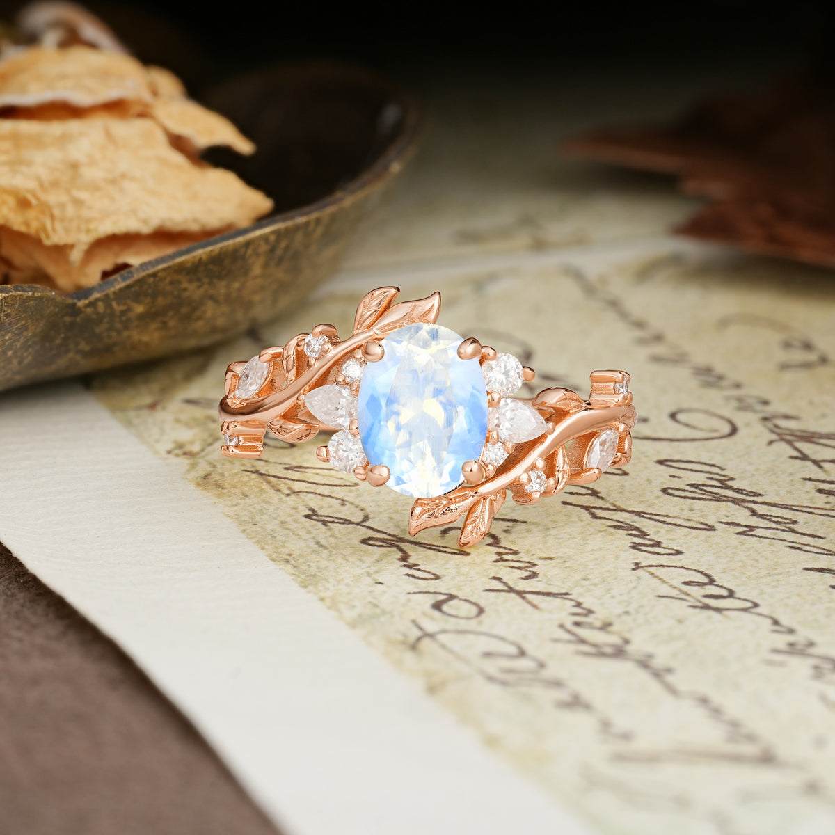 Nature-Inspired Unique Aphrodite's Garden Oval Cut Moonstone Engagement Ring | RamaSoul - Additional view