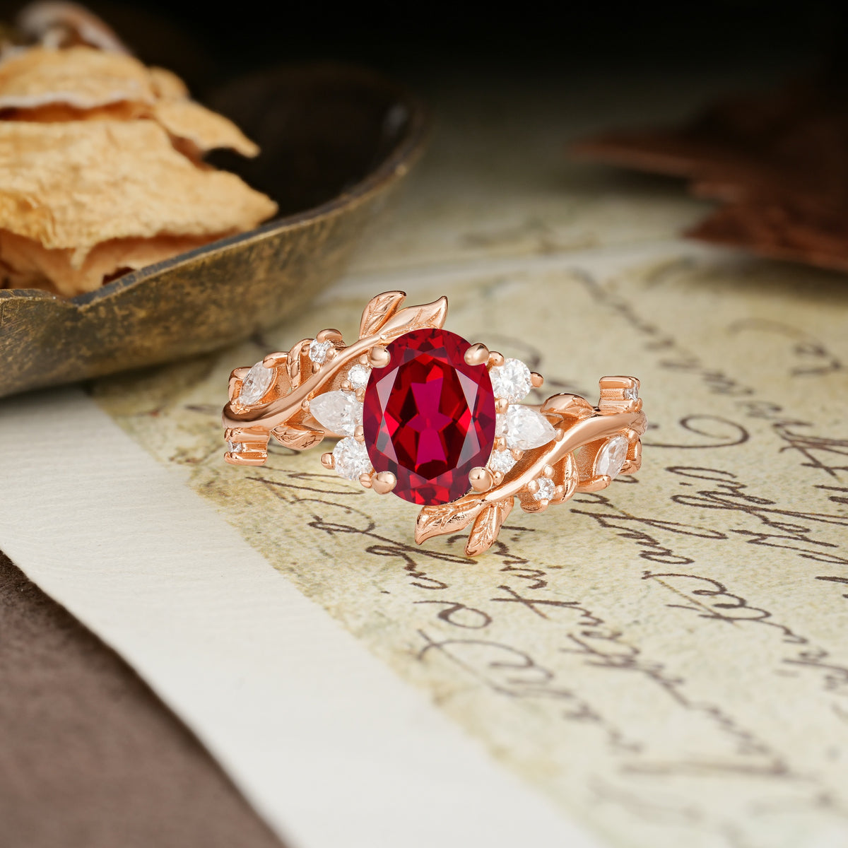 Nature-Inspired Unique Aphrodite's Garden Oval Cut Ruby Engagement Ring | RamaSoul - Additional view