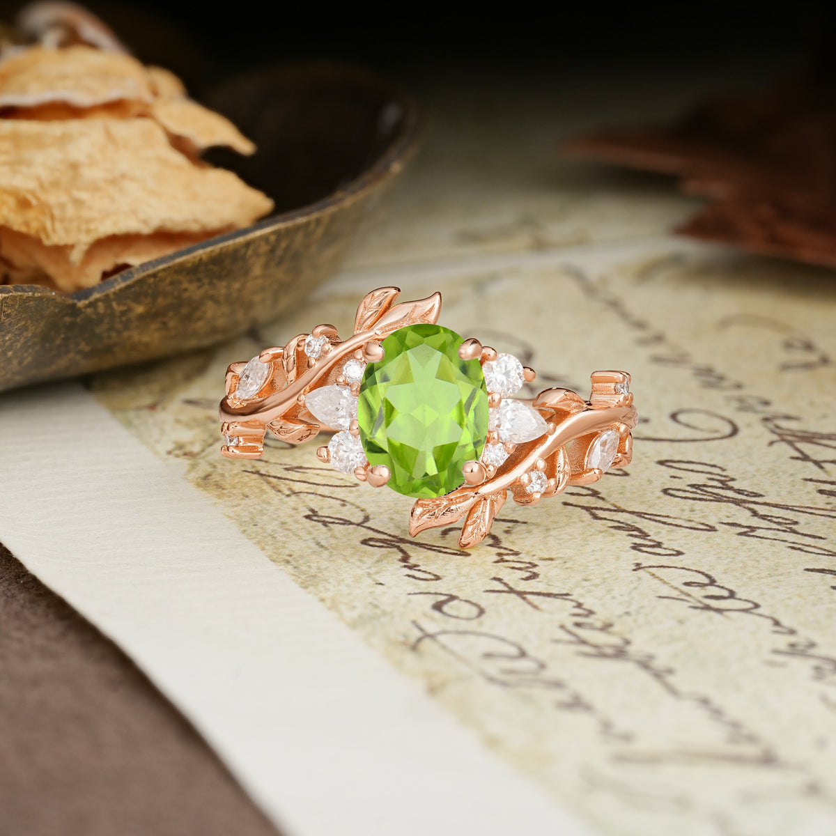 Nature-Inspired Unique Aphrodite's Garden Oval Cut Peridot Engagement Ring | RamaSoul - Additional view