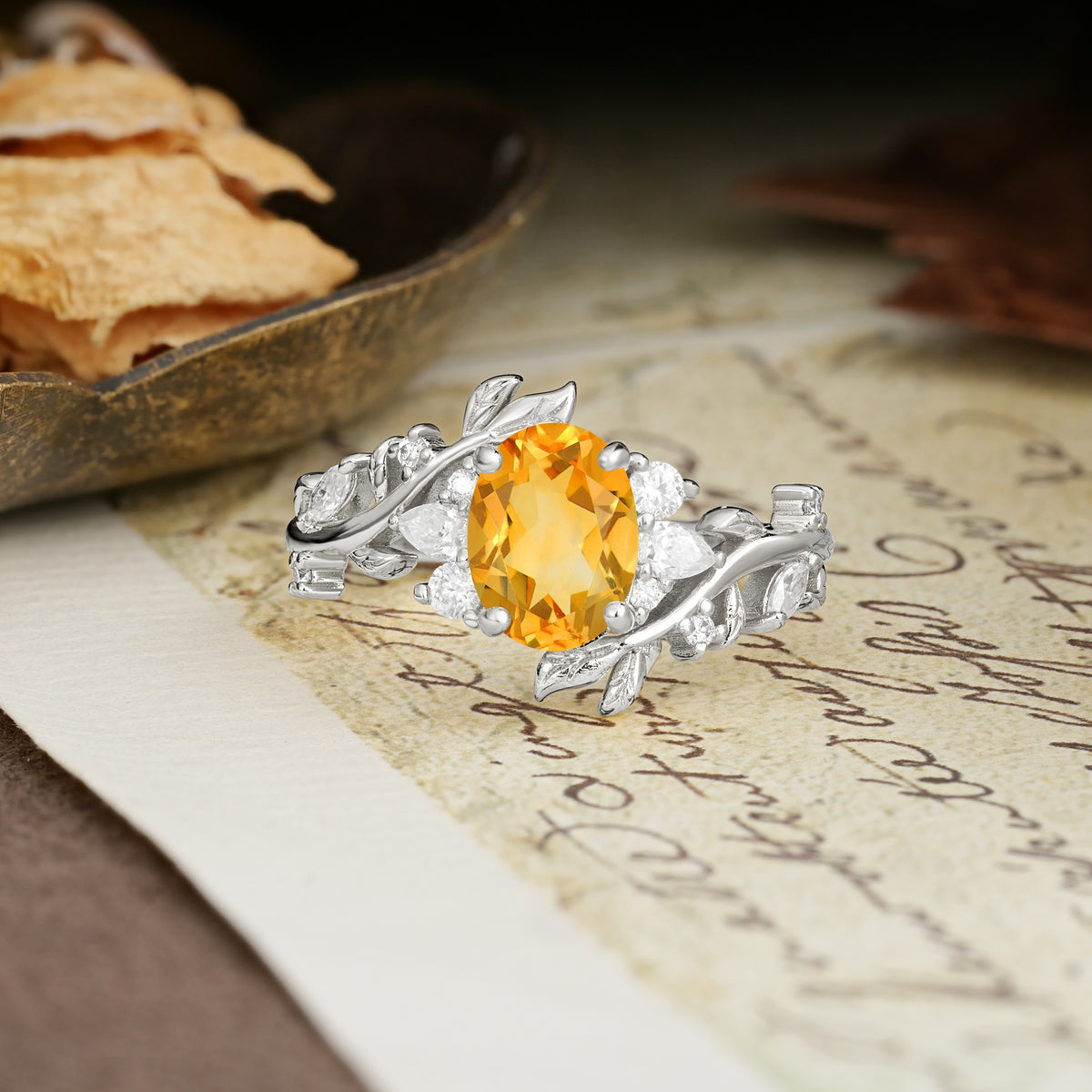 Nature-Inspired Unique Aphrodite's Garden Oval Cut Citrine Engagement Ring | RamaSoul - Additional view