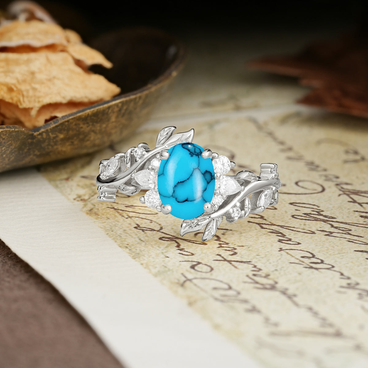 Nature-Inspired Unique Aphrodite's Garden Oval Cut Turquoise Engagement Ring | RamaSoul - Additional view