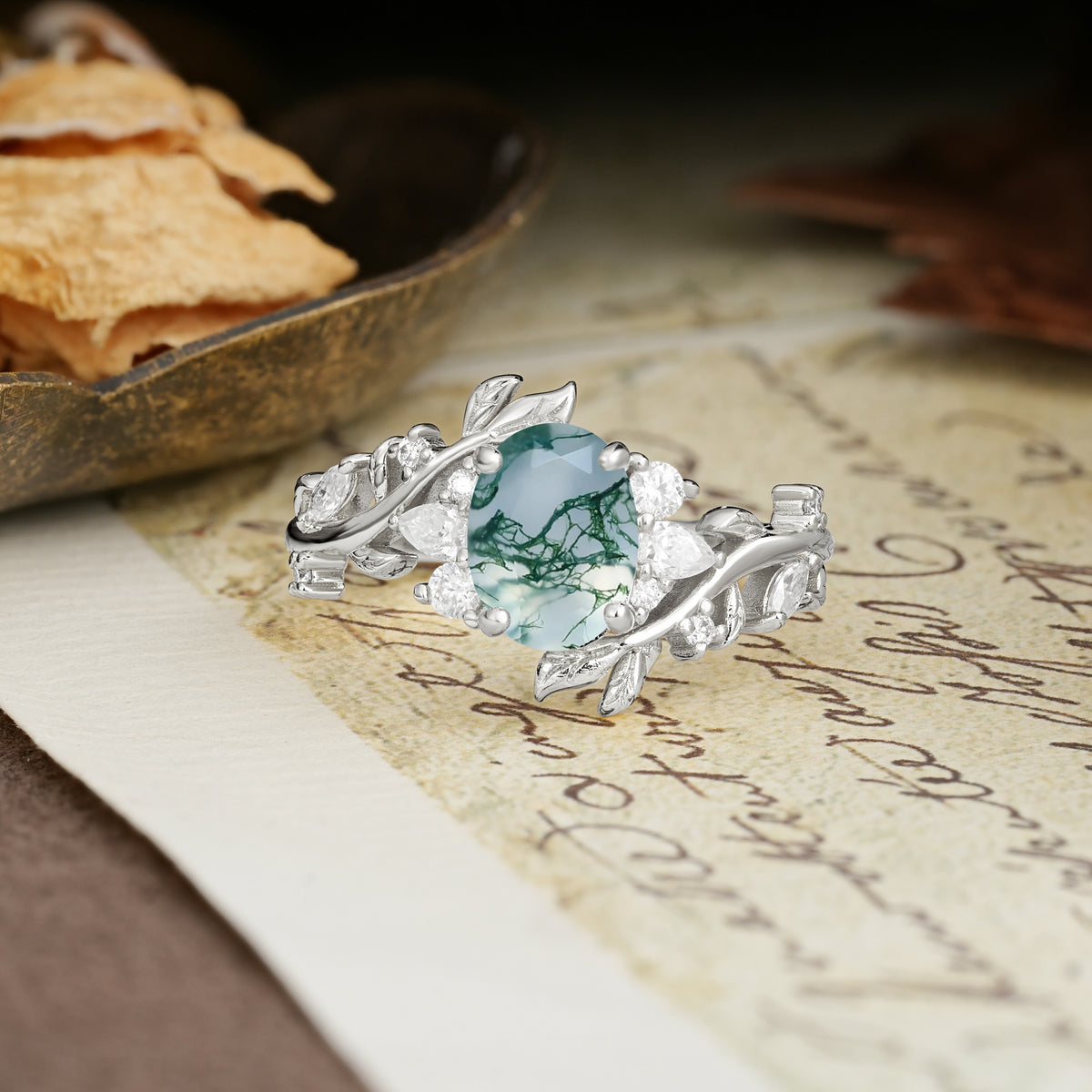 Nature-Inspired Unique Aphrodite's Garden Oval Cut Moss Agate Engagement Ring | RamaSoul - Additional view