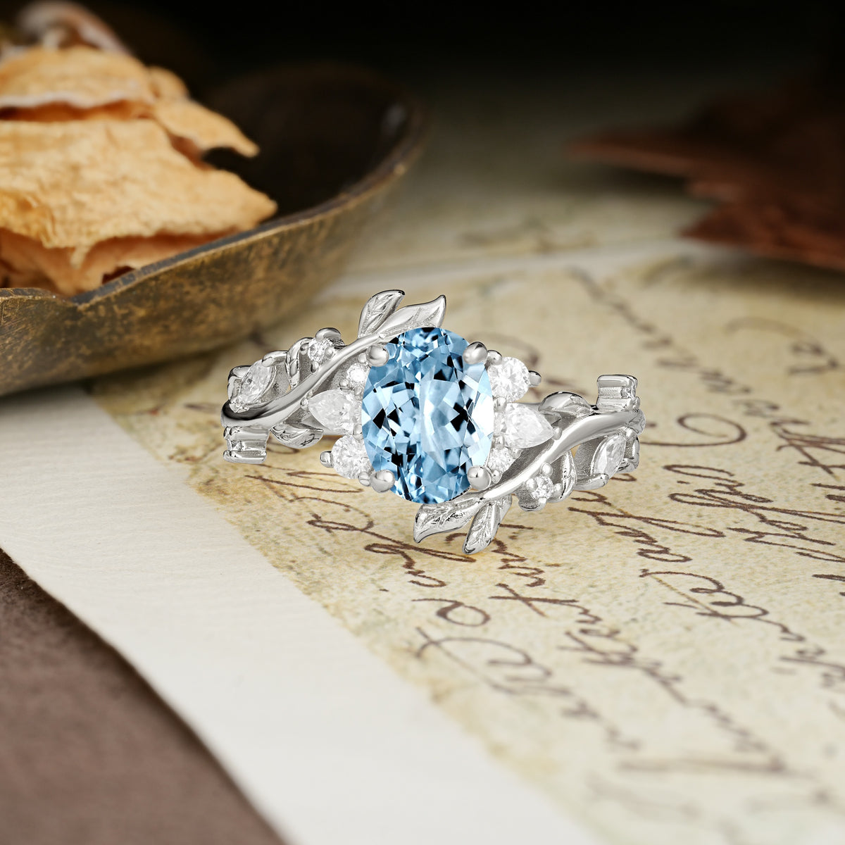 Nature-Inspired Unique Aphrodite's Garden Oval Cut Aquamarine Engagement Ring | RamaSoul - Additional view