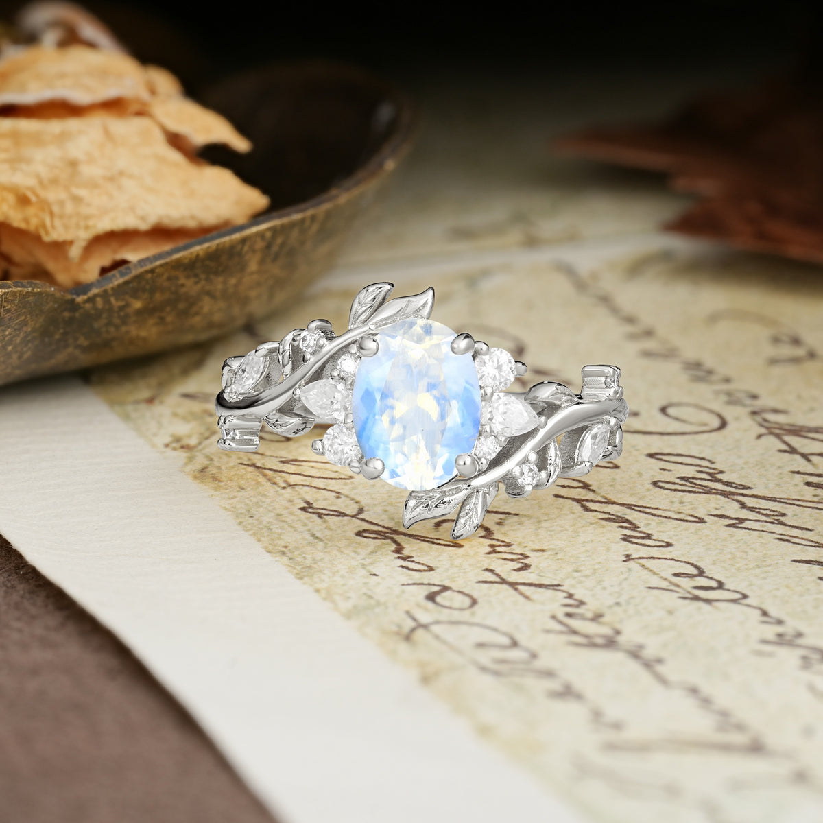 Nature-Inspired Unique Aphrodite's Garden Oval Cut Moonstone Engagement Ring | RamaSoul - Additional view