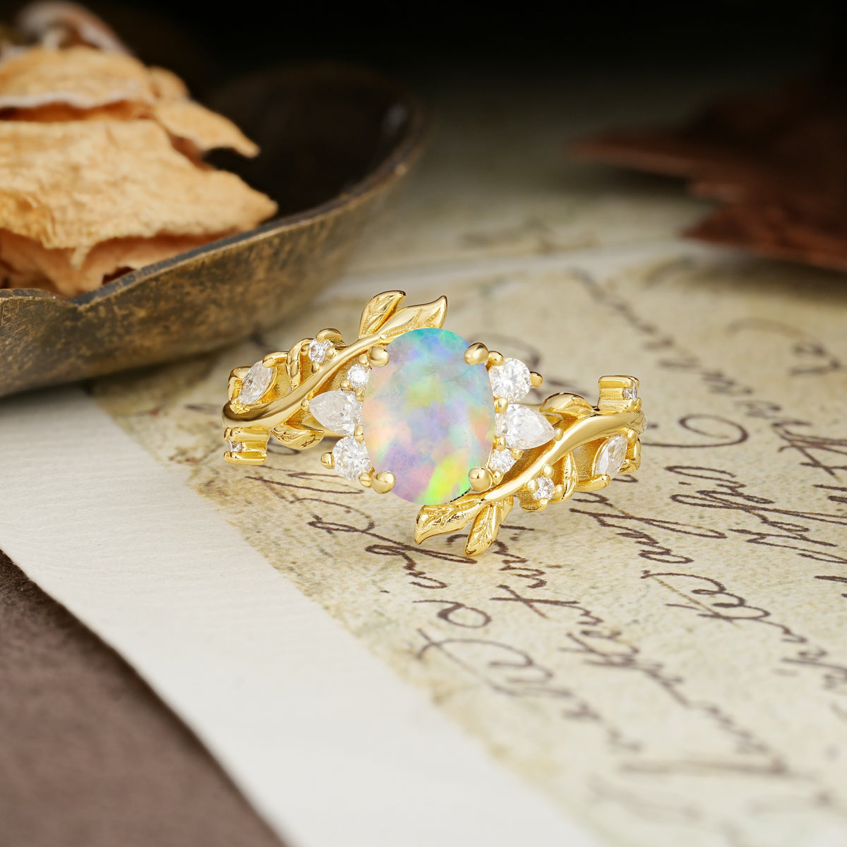 Nature-Inspired Unique Aphrodite's Garden Oval Cut Fire Opal Engagement Ring | RamaSoul - Additional view