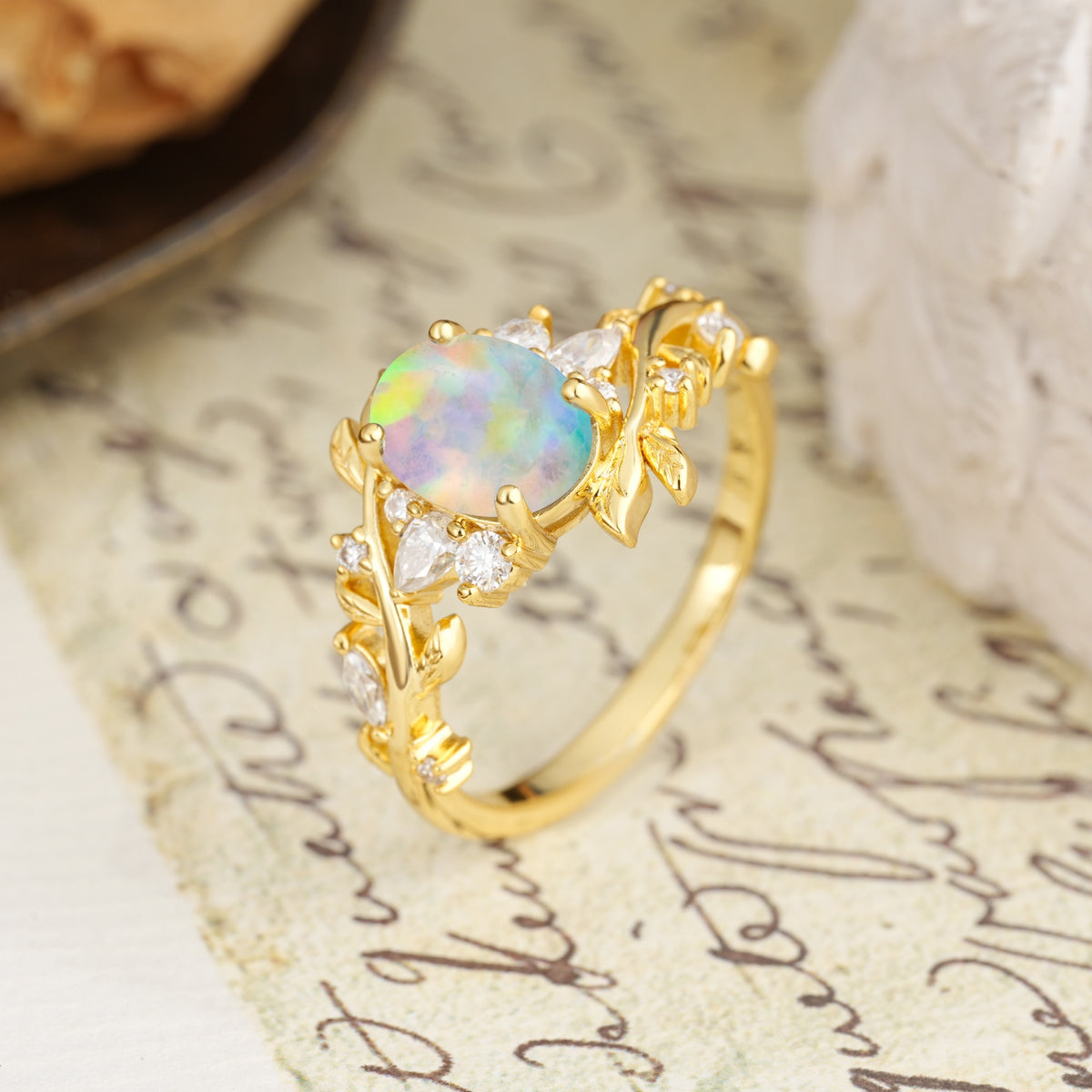 Nature-Inspired Unique Aphrodite's Garden Oval Cut Fire Opal Engagement Ring | RamaSoul - Additional view