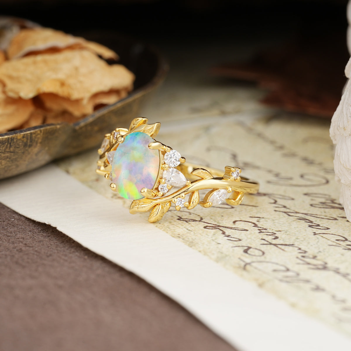 Nature-Inspired Unique Aphrodite's Garden Oval Cut Fire Opal Engagement Ring | RamaSoul - Additional view