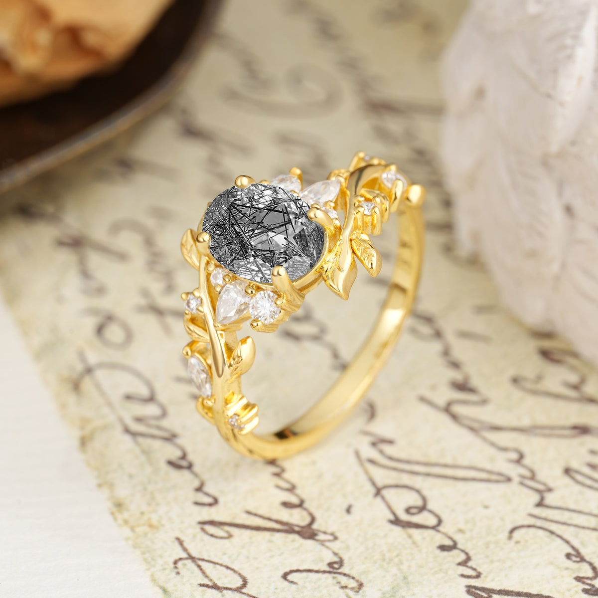 Nature-Inspired Unique Aphrodite's Garden Oval Cut Black Rutilated Quartz Engagement Ring | RamaSoul - Additional view