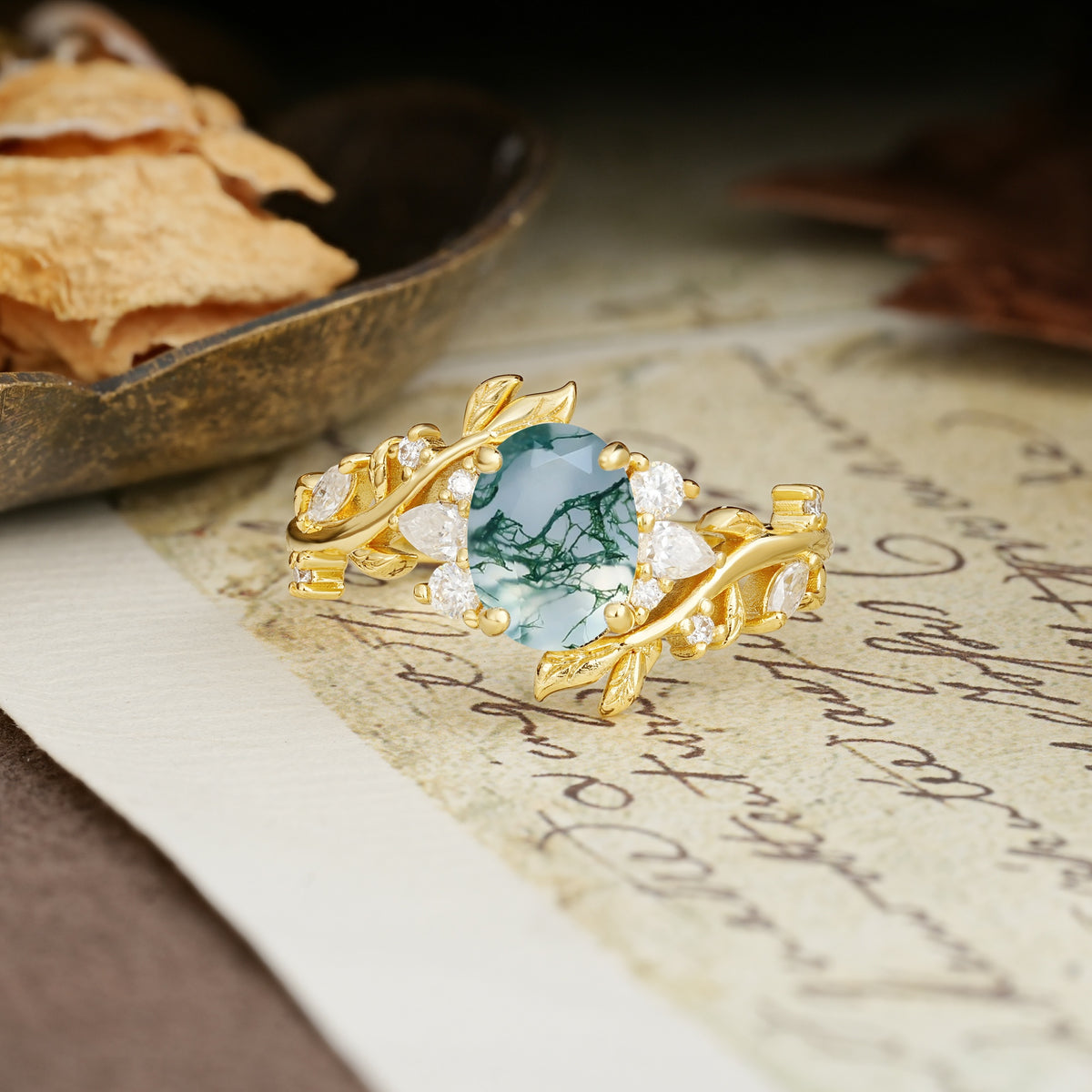 Nature-Inspired Unique Aphrodite's Garden Oval Cut Moss Agate Engagement Ring | RamaSoul - Additional view