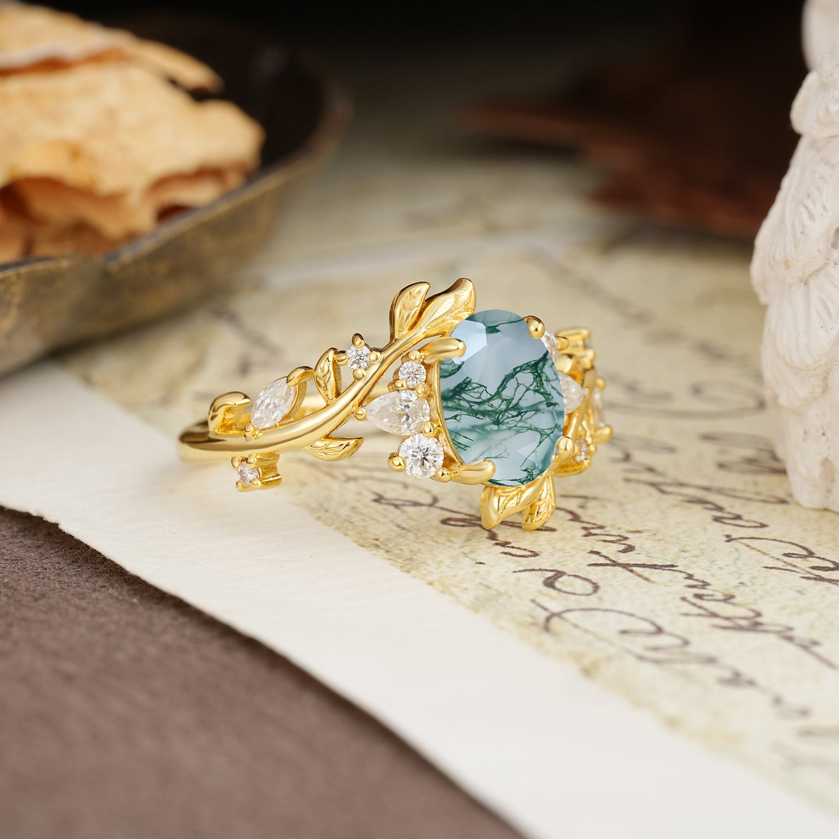 Nature-Inspired Unique Aphrodite's Garden Oval Cut Moss Agate Engagement Ring | RamaSoul - Additional view