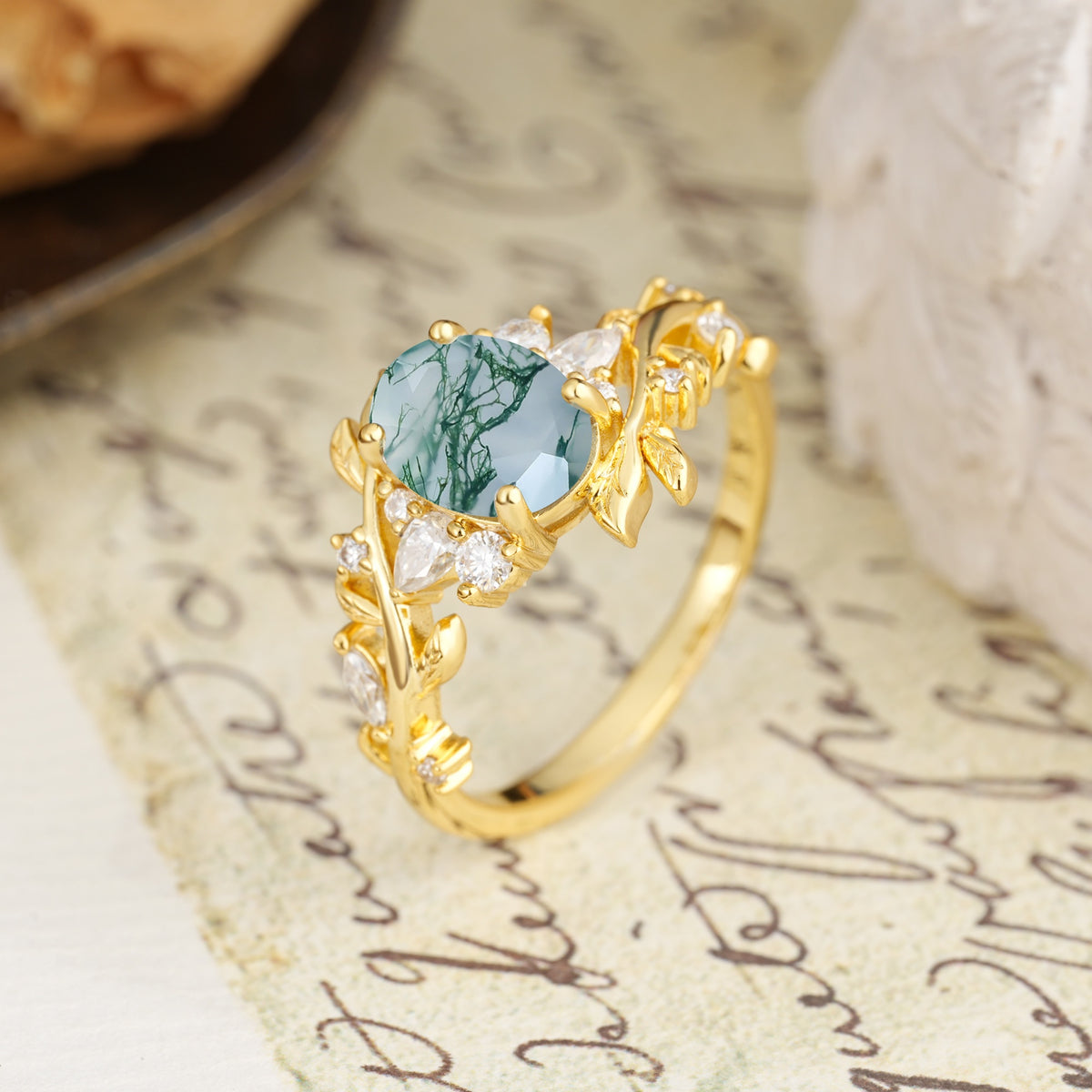 Nature-Inspired Unique Aphrodite's Garden Oval Cut Moss Agate Engagement Ring | RamaSoul - Additional view