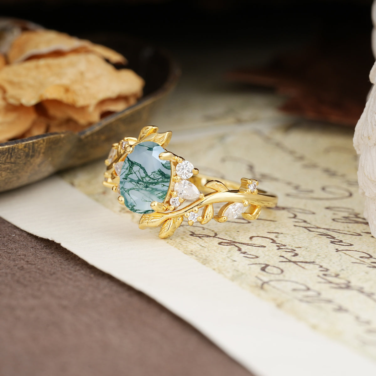 Nature-Inspired Unique Aphrodite's Garden Oval Cut Moss Agate Engagement Ring | RamaSoul - Additional view