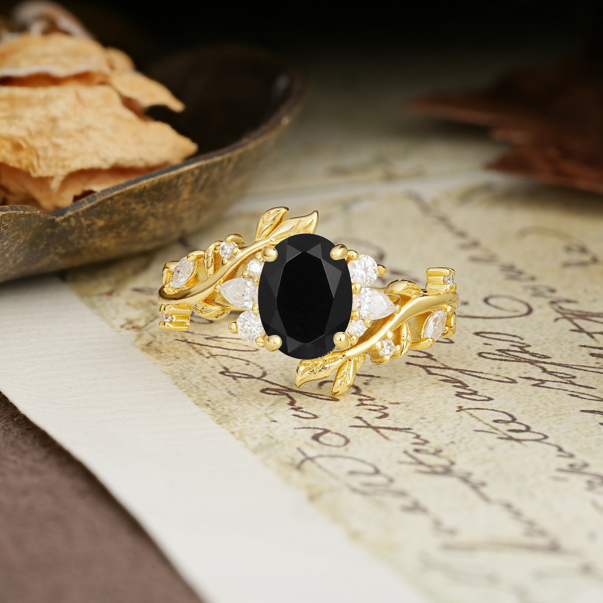 Nature-Inspired Unique Aphrodite's Garden Oval Cut Black Onyx Engagement Ring | RamaSoul - Additional view