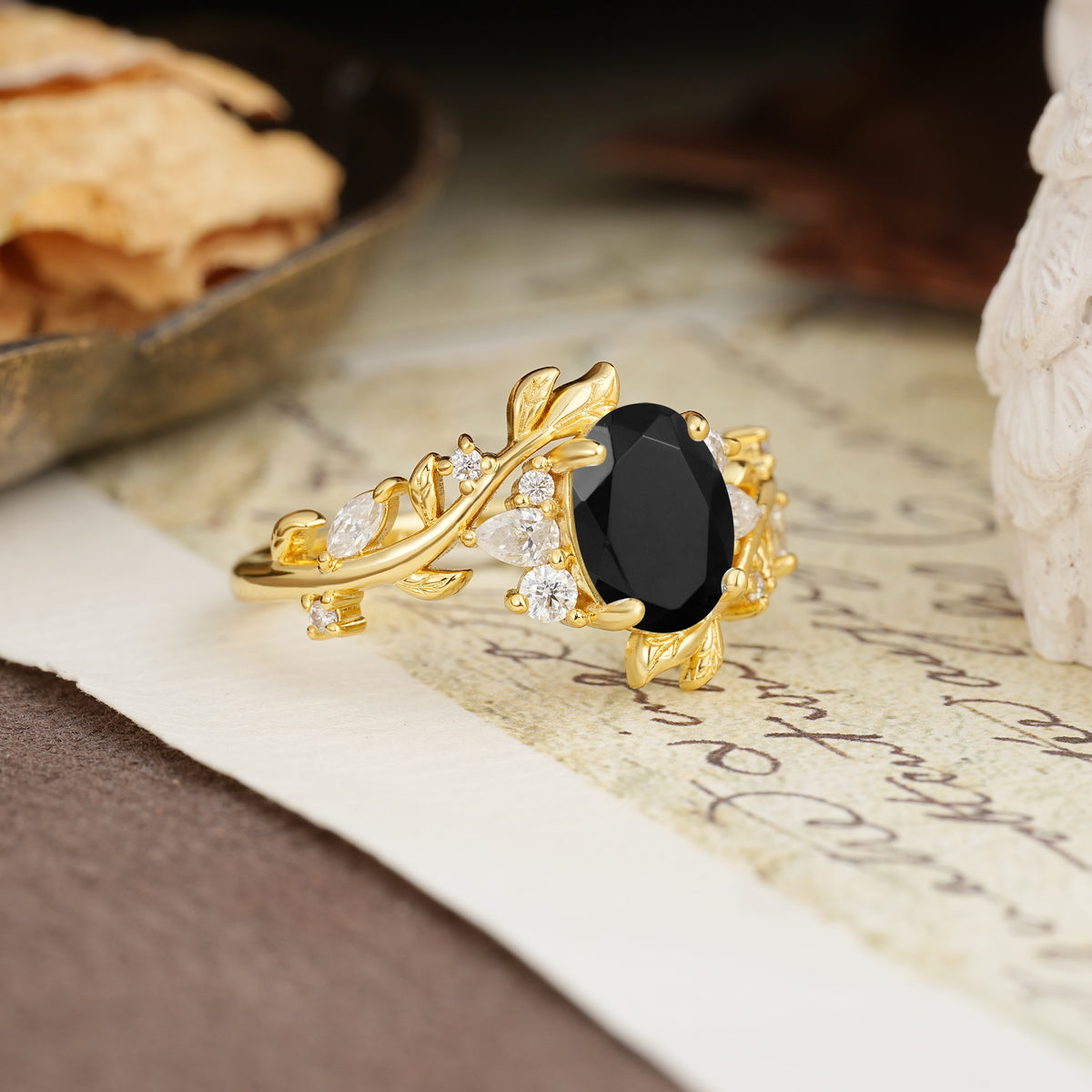 Nature-Inspired Unique Aphrodite's Garden Oval Cut Black Onyx Engagement Ring | RamaSoul - Additional view
