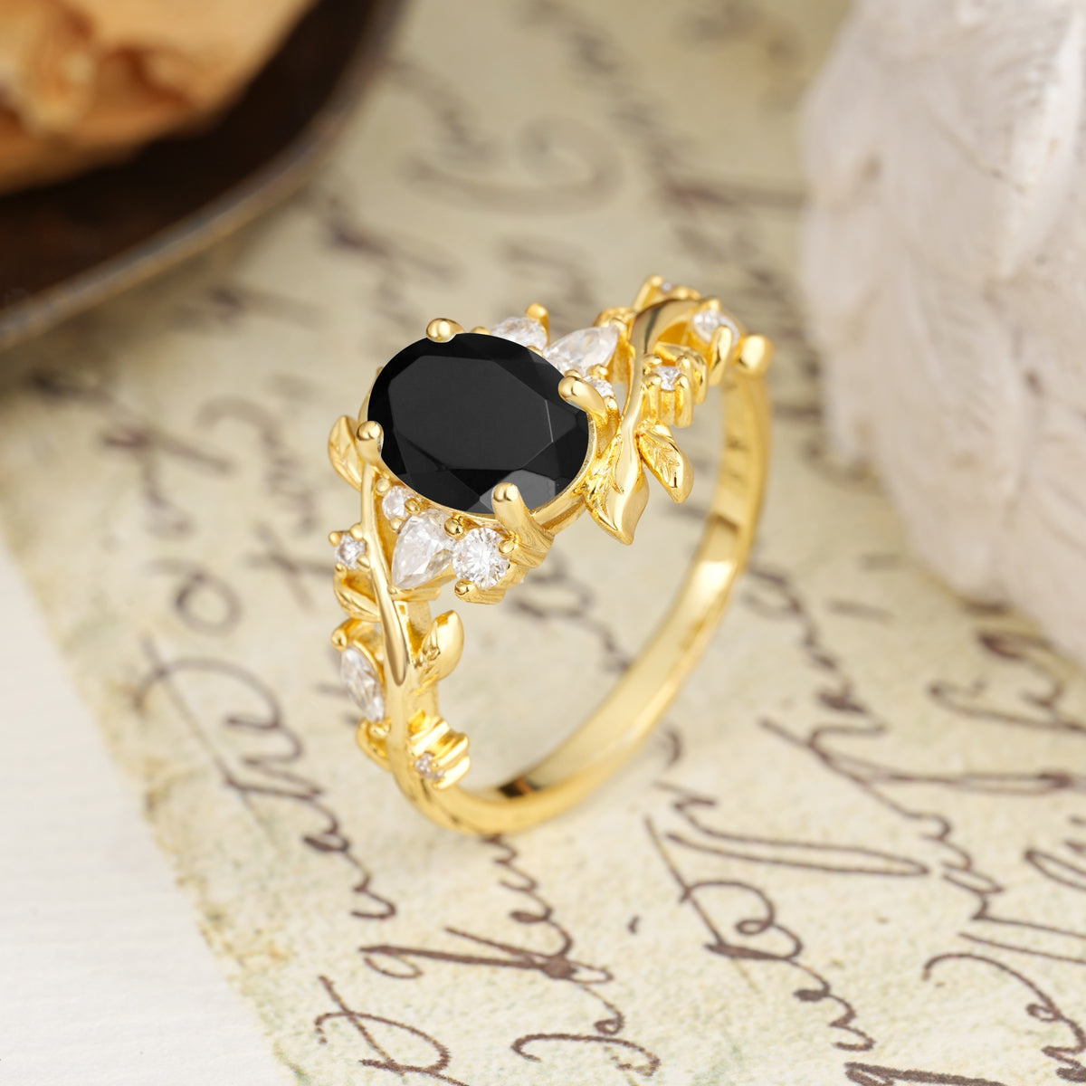 Nature-Inspired Unique Aphrodite's Garden Oval Cut Black Onyx Engagement Ring | RamaSoul - Additional view